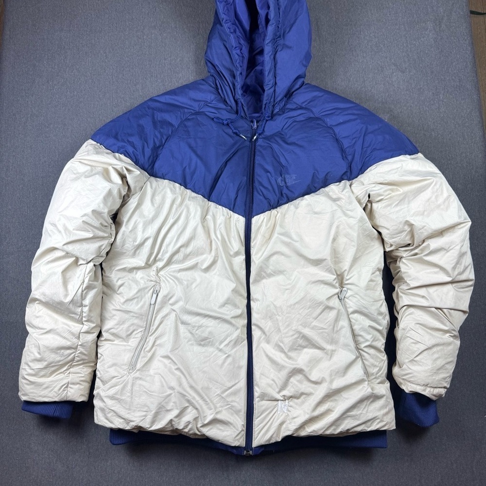 Nike  duck down Puffer Jacket Full Zip Hooded Winter Coat  Blue Beige reversible